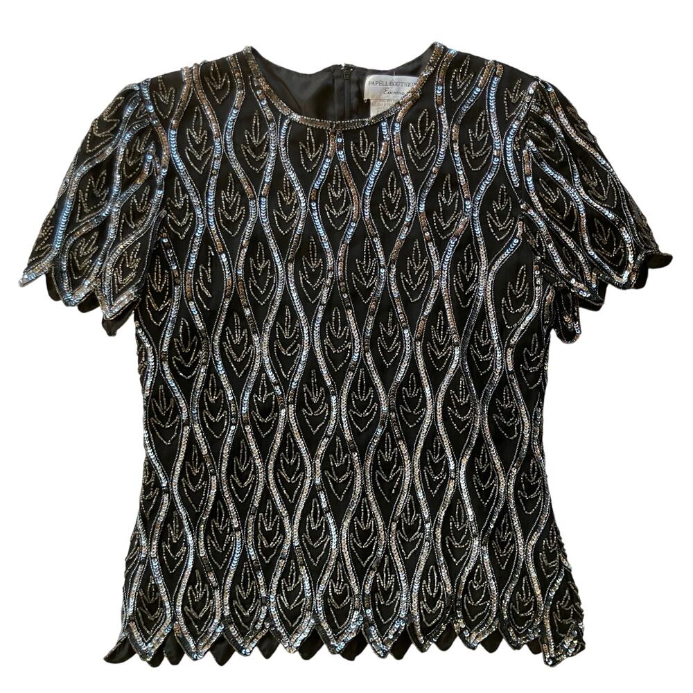 Vintage Papell Boutique Evening Beaded Sequin Blouse Size M Black Silver Glam